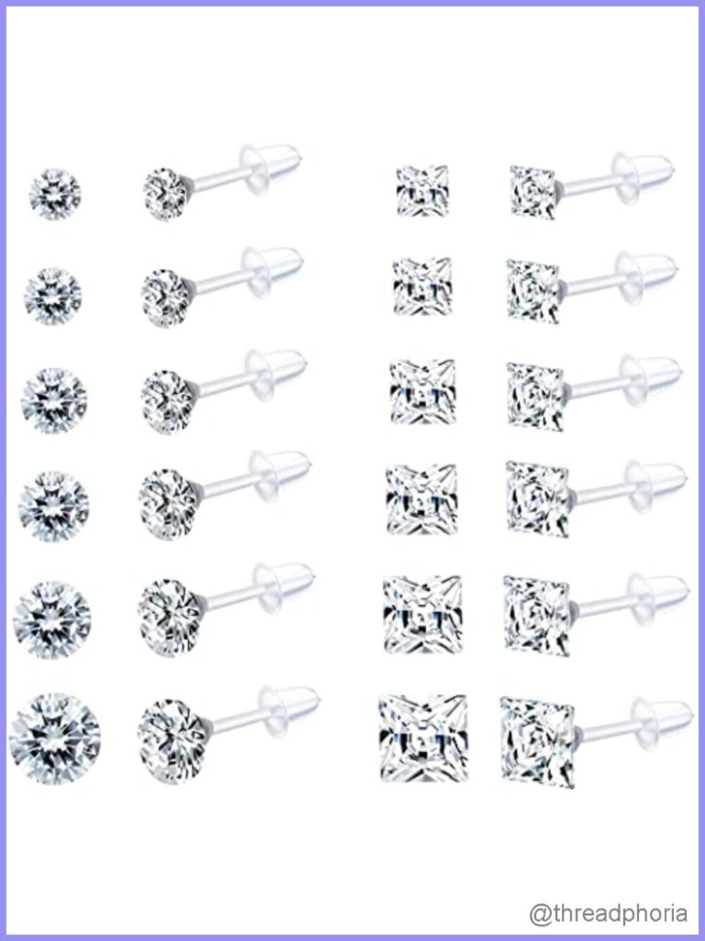 12 Pairs Clear Plastic CZ Stud Earrings Hypoallergenic Acrylic Post Round Square